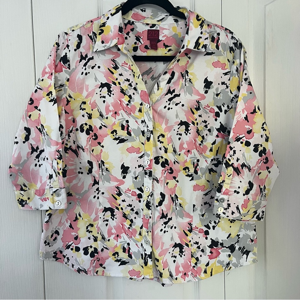 212 Collection PXL, Multicolor 3/4 Sleeve Button Down Shirt, Stretch